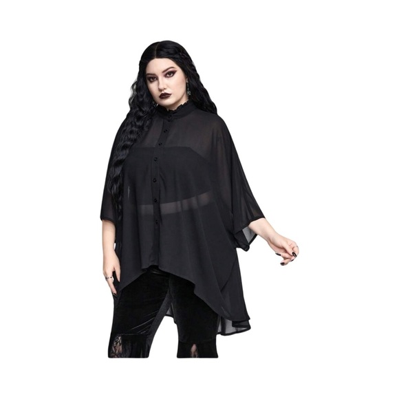 Black Batwing Sleeve Chiffon Button Down Ruffle Neck Goth 14/1XL - Picture 6 of 9